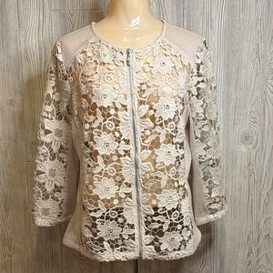 Chico's Beige Floral Lace Bomber Moto Zip Up Jacket Size M (1)